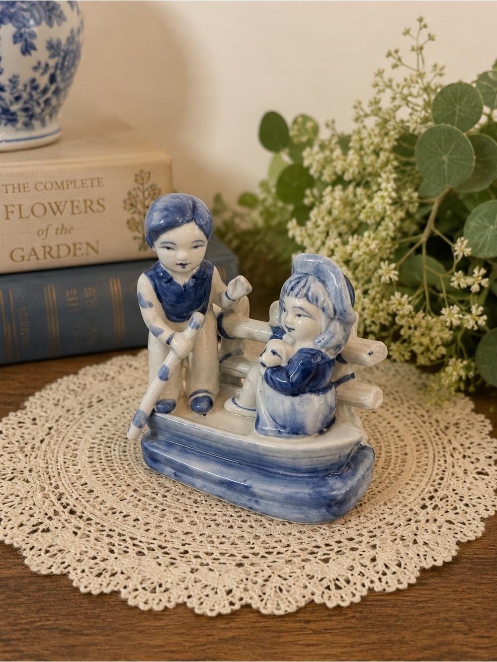 Vintage Blue & White Ceramic Children Figurine Boat Scene